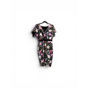 Paper Dolls London Floral Sheath Dress Black Pink White V-Neck Size‎ US 6